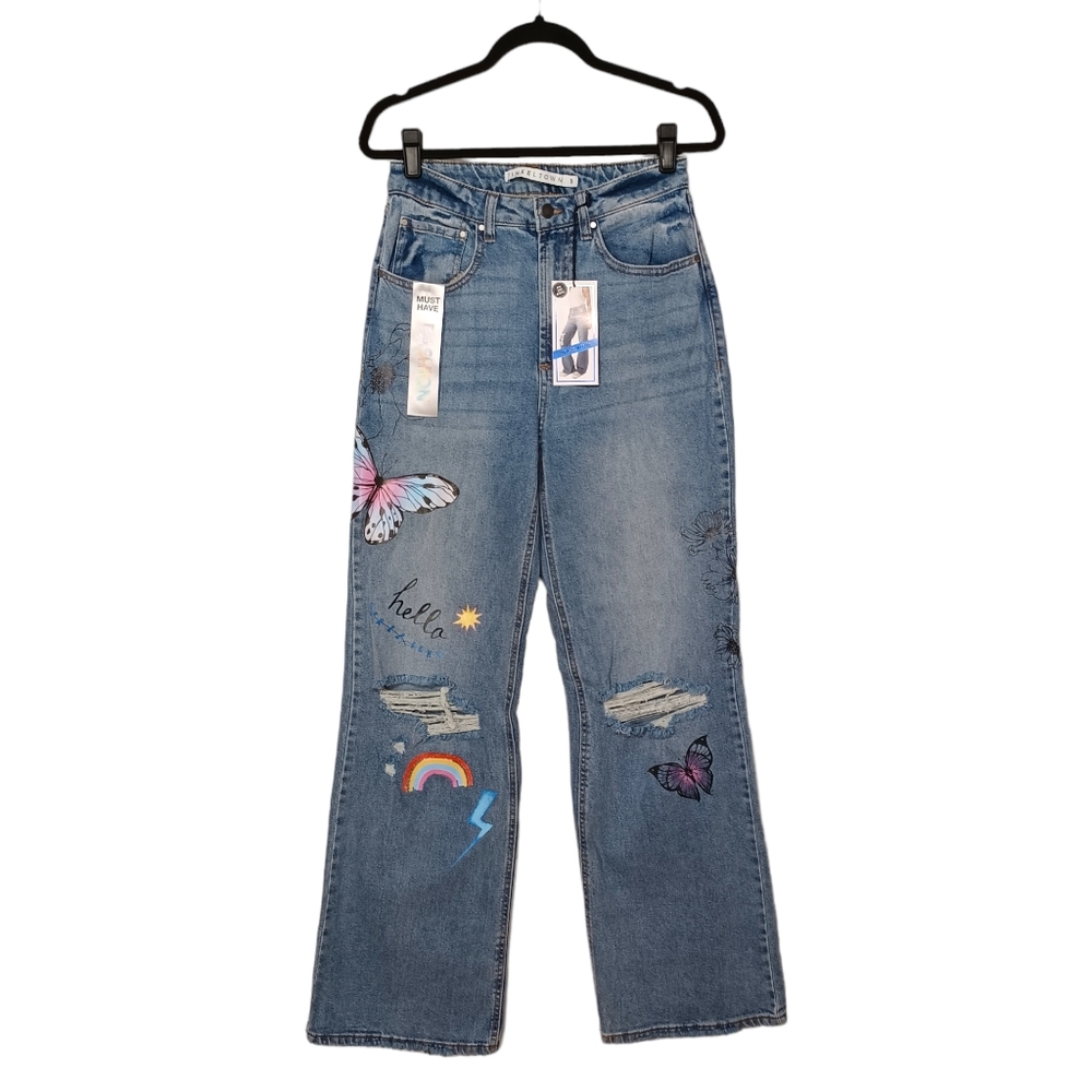 TINSELTOWN High Rise Wide Leg Distressed Butterfly Print Blue Jeans 9 NWT